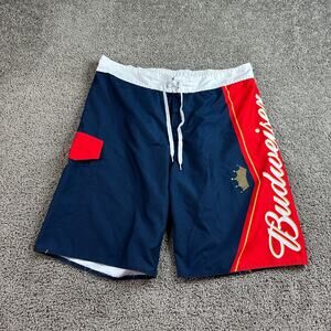 Budweiser Board Shorts Mens 38 Blue Red Polyester Bathing Suit Swimming READ